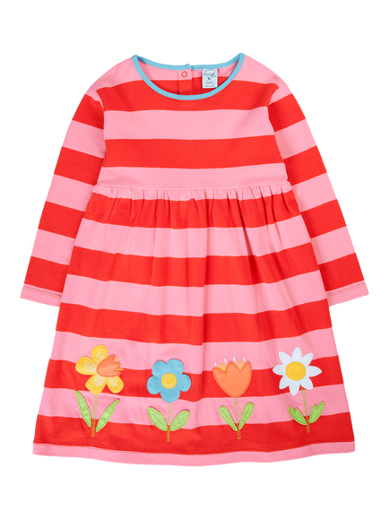 Frugi Kids' Amelia Appliqued Skater Dress, Papaya Stripe/Bloom, Papaya Stripe/Bloom