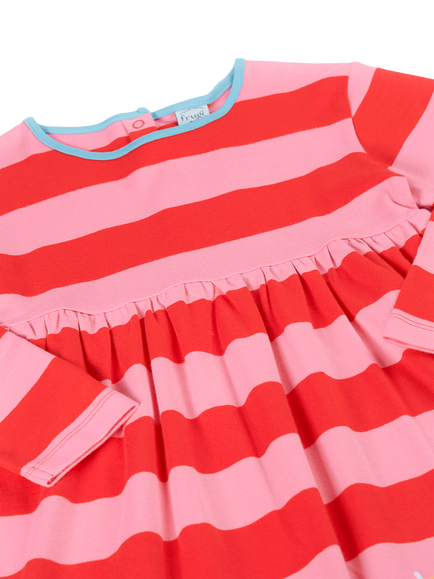 Frugi Kids' Amelia Appliqued Skater Dress, Papaya Stripe/Bloom - view 2, Papaya Stripe/Bloom