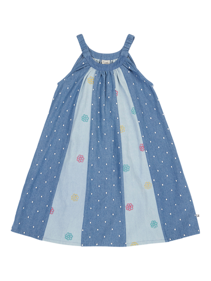 Frugi Kids' Emboidered Trapeze Dress, Denim/Hotchpotch, Denim/Hotchpotch