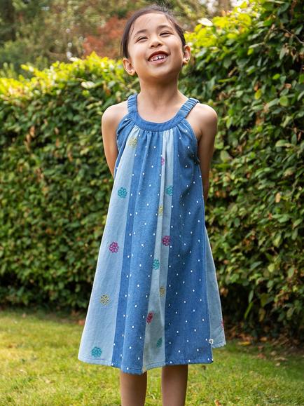 Frugi Kids' Emboidered Trapeze Dress, Denim/Hotchpotch - view 2, Denim/Hotchpotch