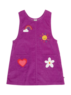 Frugi Kids' Becky Cotton Corduroy Pinafore Dress, Damson/Happy, Damson/Happy