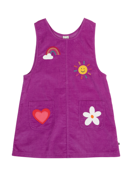Frugi Kids' Becky Cotton Corduroy Pinafore Dress, Damson/Happy, Damson/Happy