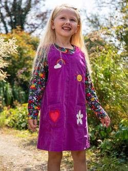 Frugi Kids' Becky Cotton Corduroy Pinafore Dress, Damson/Happy - view 2, Damson/Happy