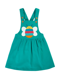 Frugi Kids' Enya Cotton Pinafore Dress, Seaweed/Bee, Seaweed/Bee