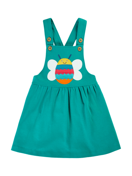 Frugi Kids' Enya Cotton Pinafore Dress, Seaweed/Bee, Seaweed/Bee