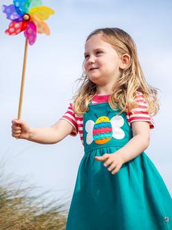 Frugi Kids' Enya Cotton Pinafore Dress, Seaweed/Bee - view 2, Seaweed/Bee