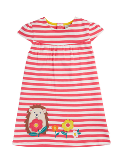 Frugi Kids' Little Layla Applique Striped Dress, Rhubarb/Multi, Rhubarb/Multi