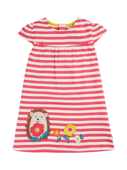 Frugi Kids' Little Layla Applique Striped Dress, Rhubarb/Multi, Rhubarb/Multi