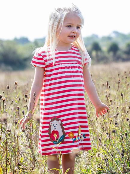 Frugi Kids' Little Layla Applique Striped Dress, Rhubarb/Multi - view 2, Rhubarb/Multi