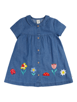 Frugi Kids' Rosemary Embroidered Denim Dress, Denim/Flowers, Denim/Flowers