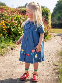 Frugi Kids' Rosemary Embroidered Denim Dress, Denim/Flowers - view 2, Denim/Flowers