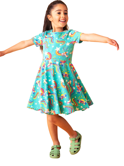 Frugi Kids' Sunshine Skater Dress, Wheely Happy - view 2, Wheely Happy
