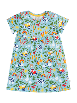 Frugi Kids' Tallie Cotton Short Sleeve Dress, On The Farm, On The Farm