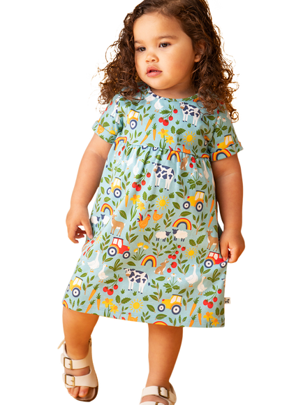 Frugi Kids' Tallie Cotton Short Sleeve Dress, On The Farm - view 2, On The Farm