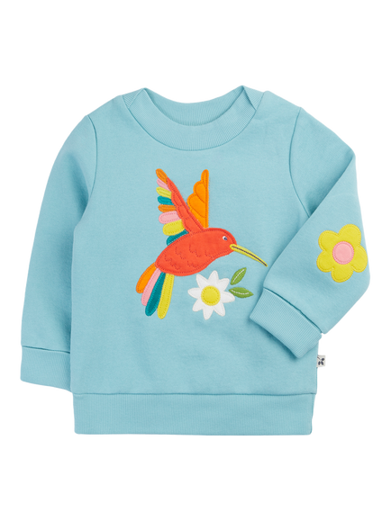 Frugi Kids' Easy On Cotton Hummingbird Applique Sweatshirt, Lichen/Hummingbird, Lichen/Hummingbird