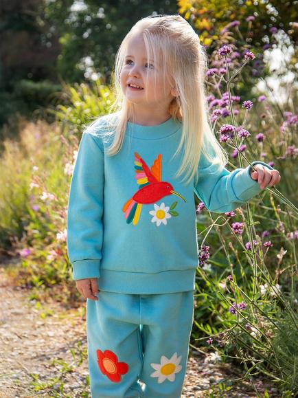 Frugi Kids' Easy On Cotton Hummingbird Applique Sweatshirt, Lichen/Hummingbird - view 2, Lichen/Hummingbird