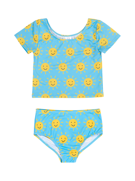 Frugi Kids' Talia 50+ UPF Short Sleeve Tankini, Sunshine Smiles, Sunshine Smiles