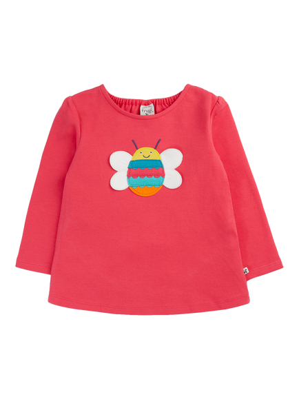 Frugi Kids' Caris Cotton Applique Top, Rhubarb/Bee, Rhubarb/Bee