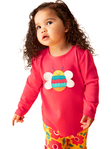 Frugi Kids' Caris Cotton Applique Top, Rhubarb/Bee - view 2, Rhubarb/Bee