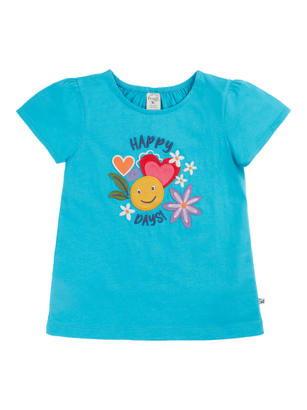 Frugi Kids' Lia Happy Days Applique T-Shirt, Tropical Sea/Multi, Tropical Sea/Multi