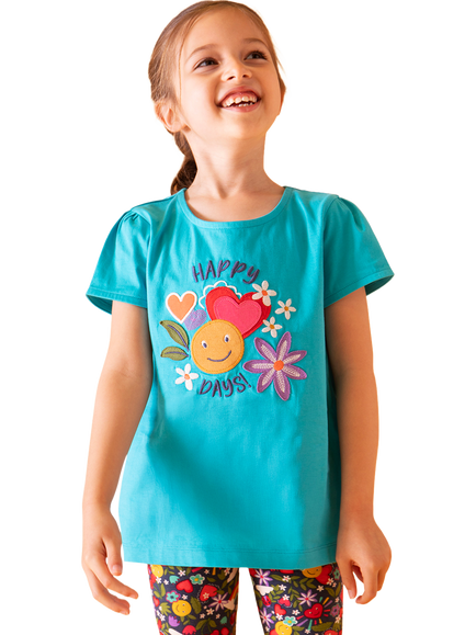Frugi Kids' Lia Happy Days Applique T-Shirt, Tropical Sea/Multi - view 2, Tropical Sea/Multi