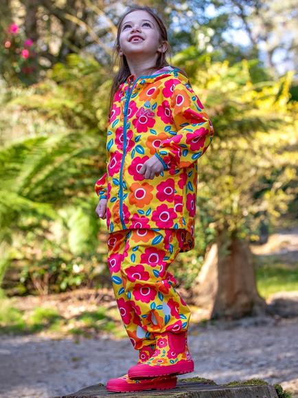 Frugi Kids' Rain Or Shine Floral Waterproof Trousers, Floral Fields - view 2, Floral Fields