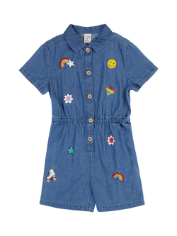 Frugi Kids' Imogen Denim Playsuit, Denim/Multi, Denim/Multi