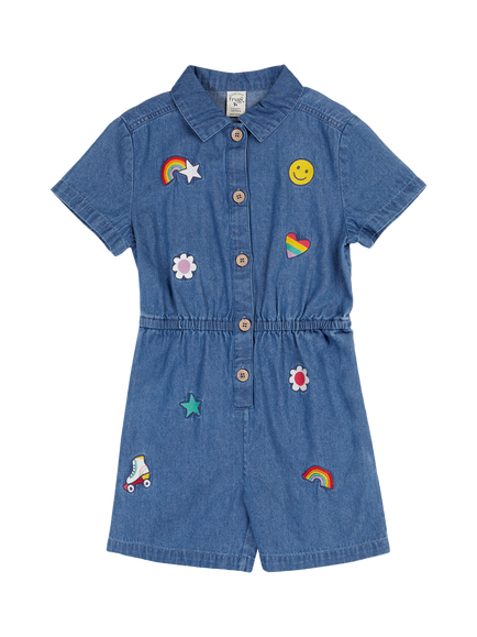 Frugi Kids' Imogen Denim Playsuit, Denim/Multi, Denim/Multi