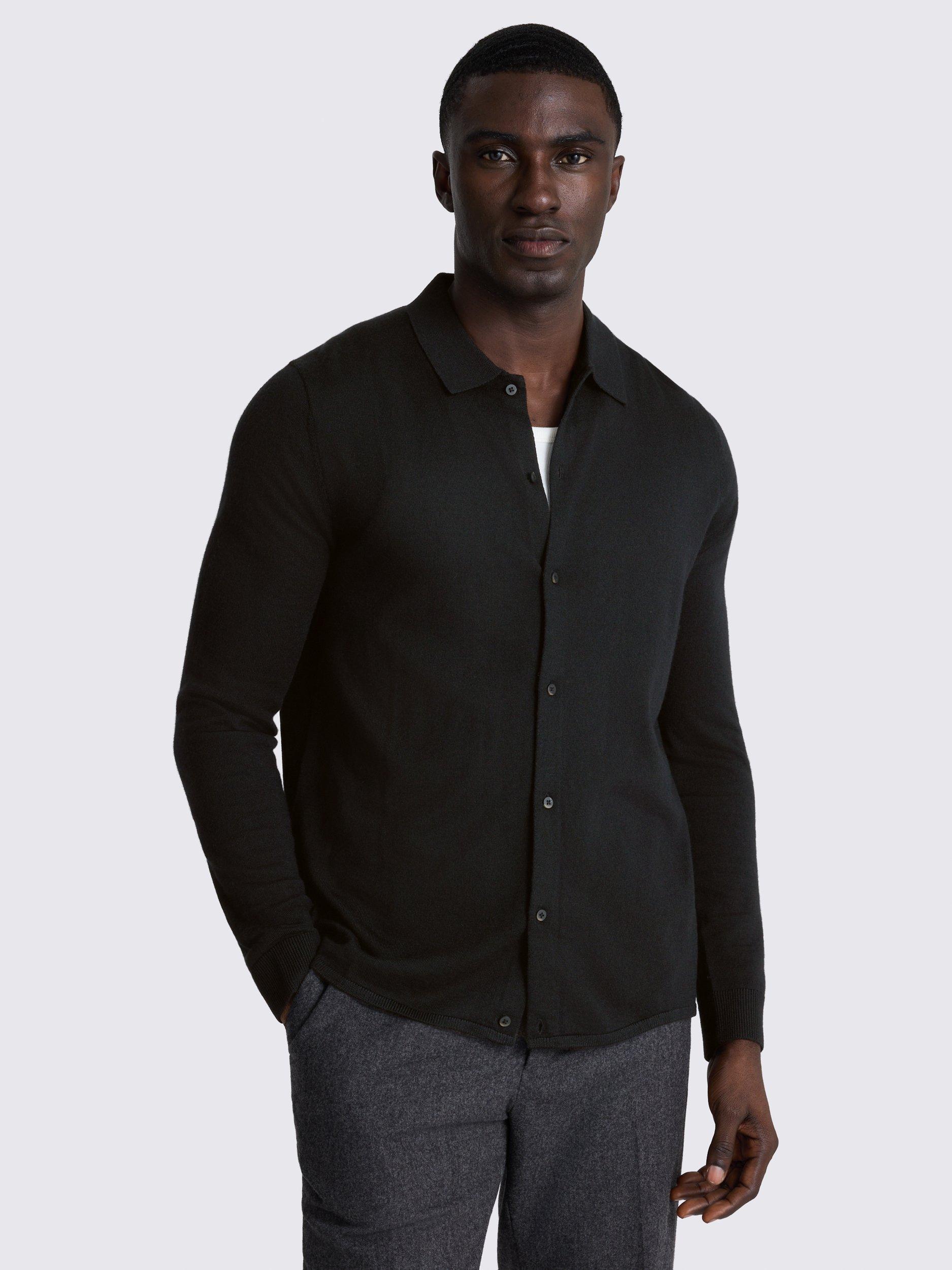 Product image 1 of 4, which shows Moss Merino Wool Blend Knit Shirt, Black, XS