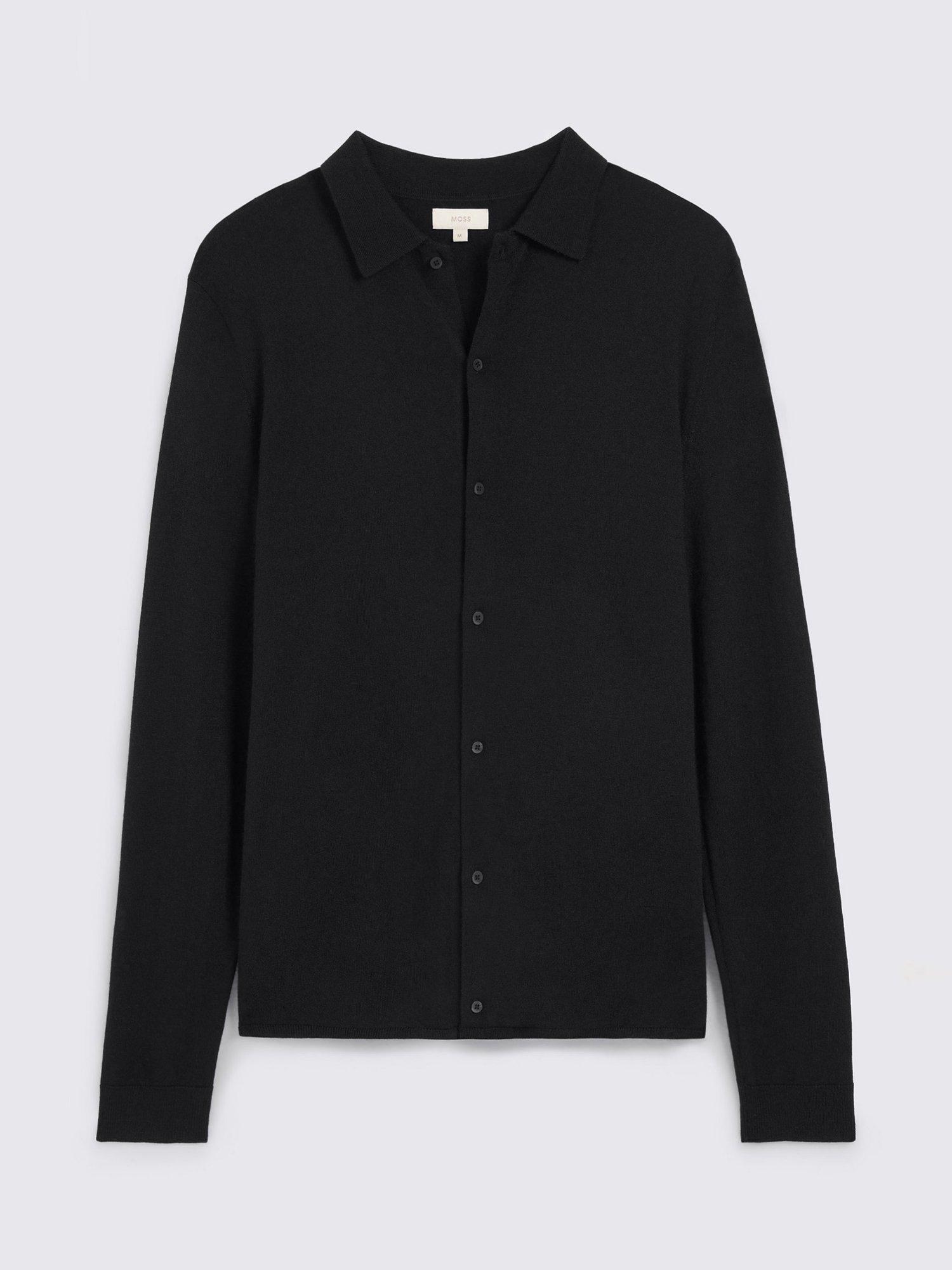 Product image 4 of 4, which shows Moss Merino Wool Blend Knit Shirt, Black, XS