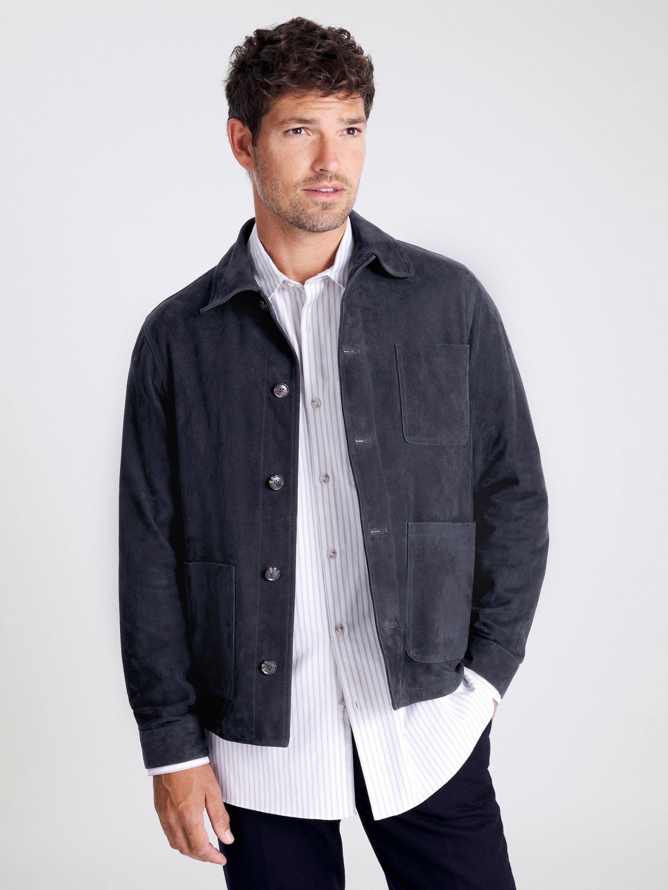 Product image 1 of 5, which shows Moss Suede Shacket, Navy, XS