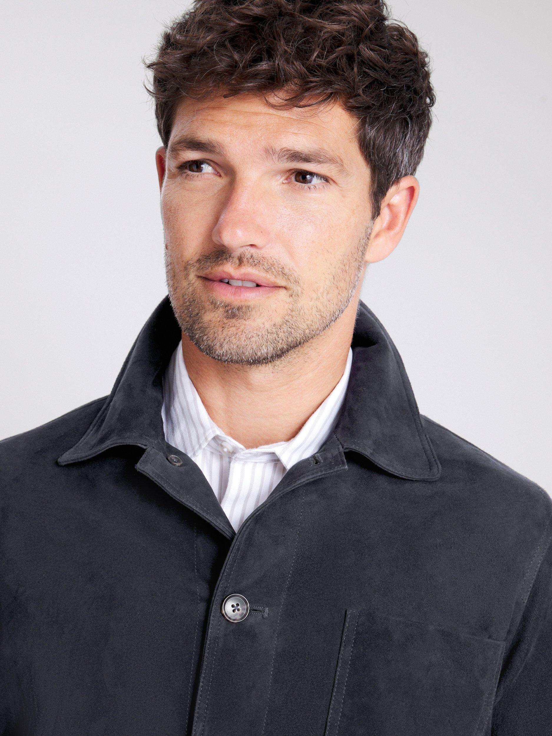 Product image 4 of 5, which shows Moss Suede Shacket, Navy, XS