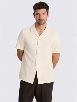 Moss Cotton Blend Regular Fit Textured Cuban Collar Shirt, Navy, Ecru