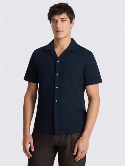 Moss Cotton Blend Knitted Cuban Collar Shirt, Navy