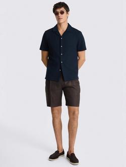 Moss Cotton Blend Regular Fit Textured Cuban Collar Shirt, Navy - view 2, Navy