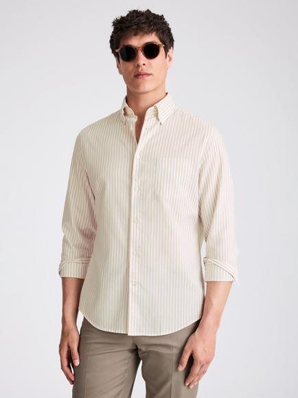 Moss Lightweight Cotton Blend Stripe Oxford Shirt, Camel
