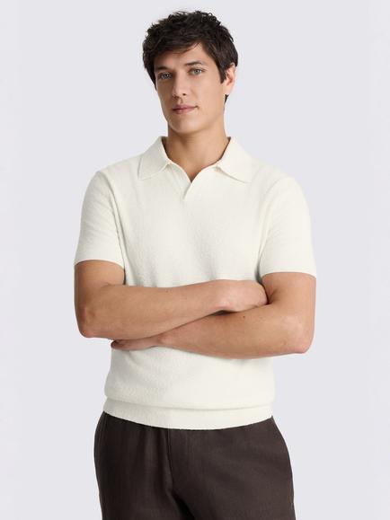 Moss Short Sleeve Bouclé Cotton Blend Skipper Polo Shirt, Off-white