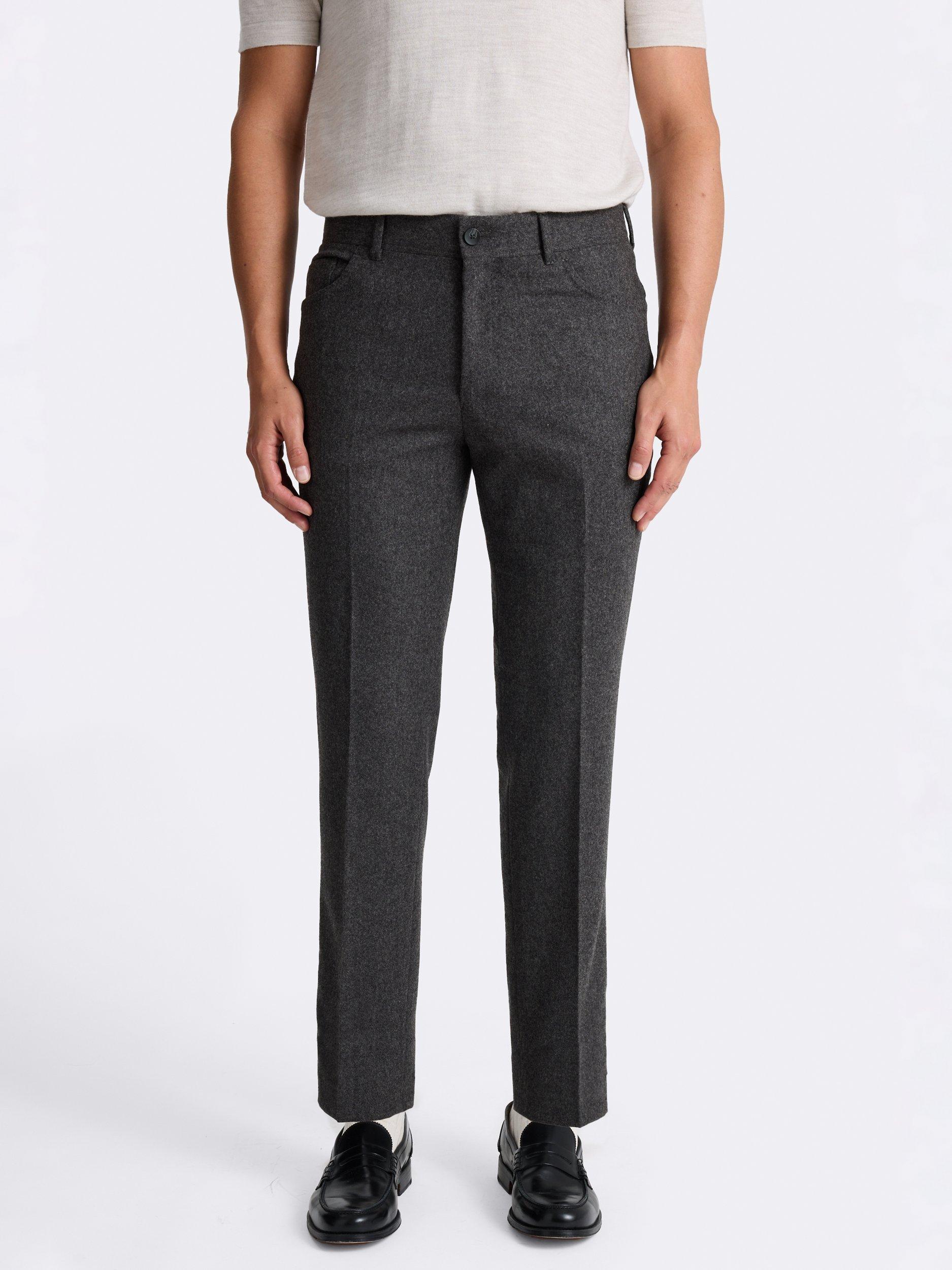 Product image 1 of 3, which shows Moss Wool Five Pocket Flannel Trousers, Charcoal, 30S