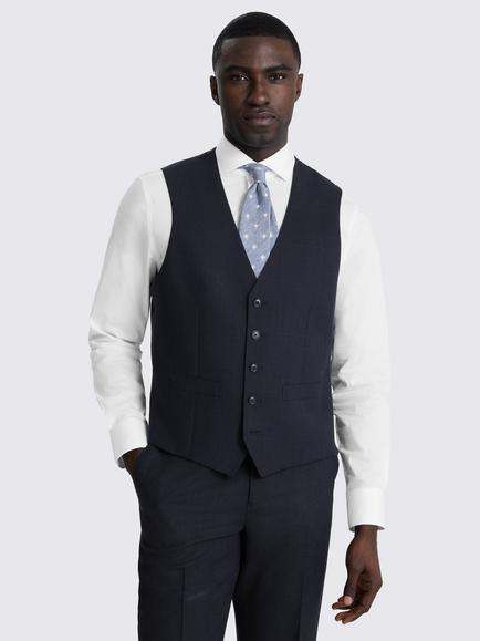 Moss Regular Fit Check Wool Suit Waistcoat, Navy