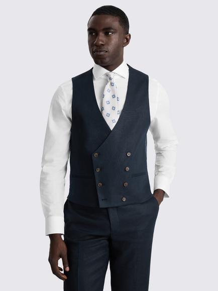 Moss Slim Fit Double Breasted Linen Twill Waistcoat, Navy, Navy