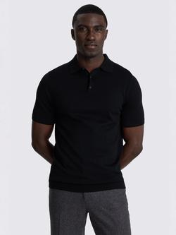 Moss Merino Wool Blend Regular Fit Short Sleeve Knitted Polo Shirt, Black