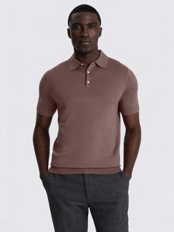 Moss Merino Wool Blend Regular Fit Short Sleeve Knitted Polo Shirt, Mauve