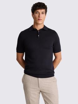 Moss Merino Wool Blend Knit Short Sleeve Polo Shirt, Navy