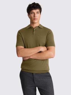 Moss Merino Wool Blend Regular Fit Short Sleeve Knitted Polo Shirt, Olive