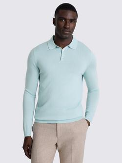 Moss Merino Wool Blend Long Sleeve Polo Shirt, Aqua