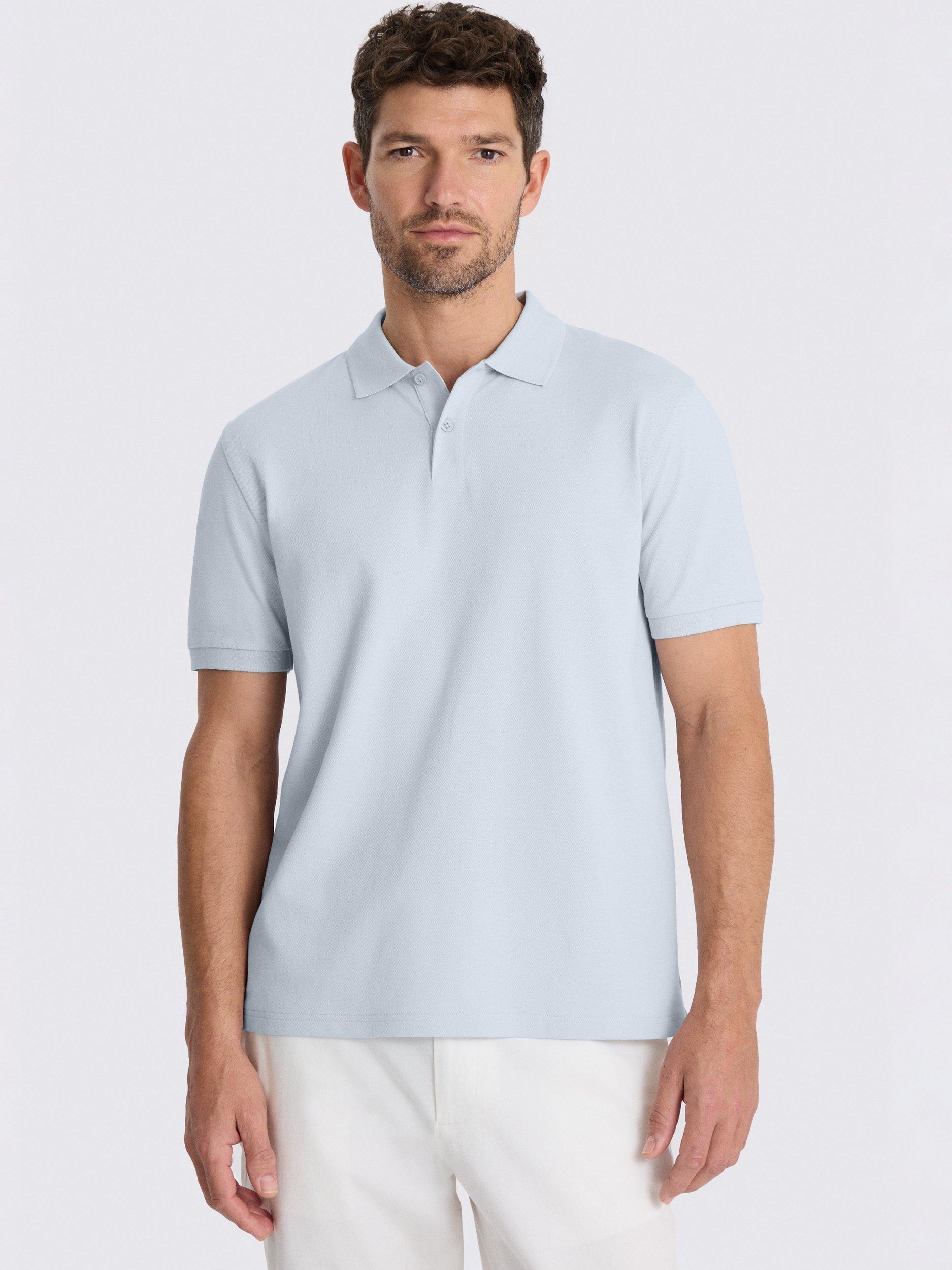 Product image 1 of 3, which shows Moss Pique Short Sleeve Polo Shirt, Light Blue, S