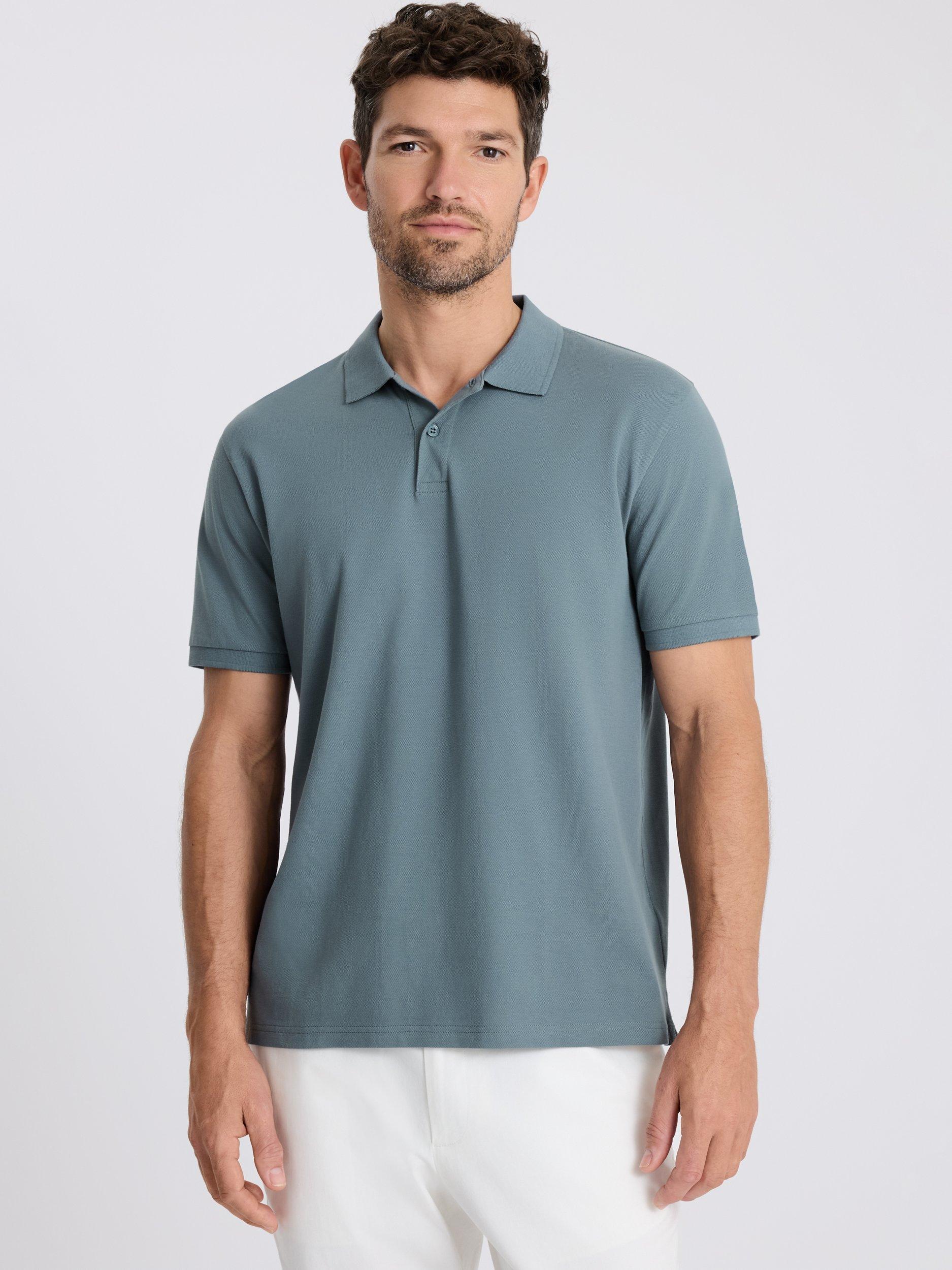 Product image 1 of 3, which shows Moss Pique Short Sleeve Polo Shirt, Teal, S