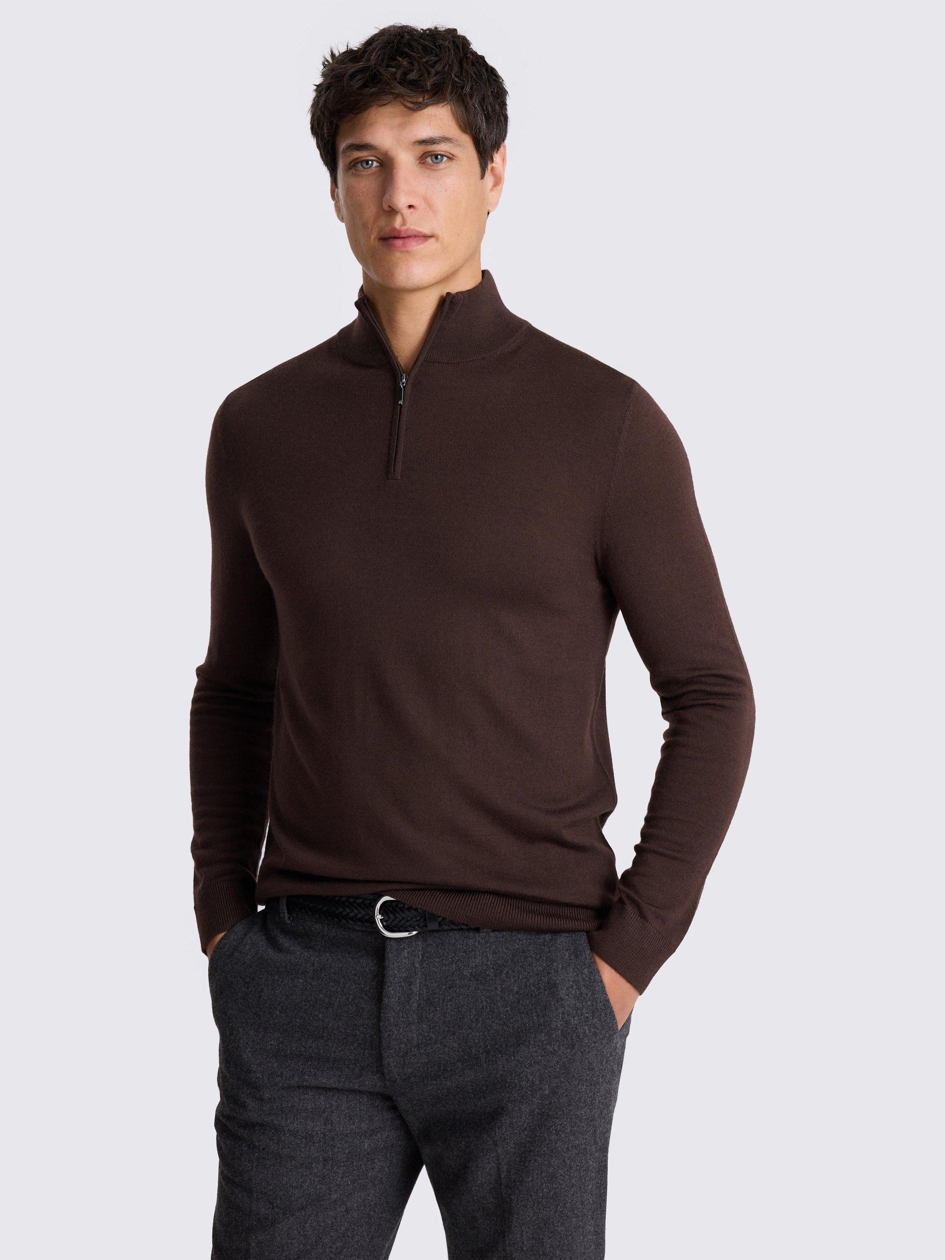Product image 1 of 4, which shows Moss Merino Wool Blend Zip-Neck Jumper, Dark Plum, S