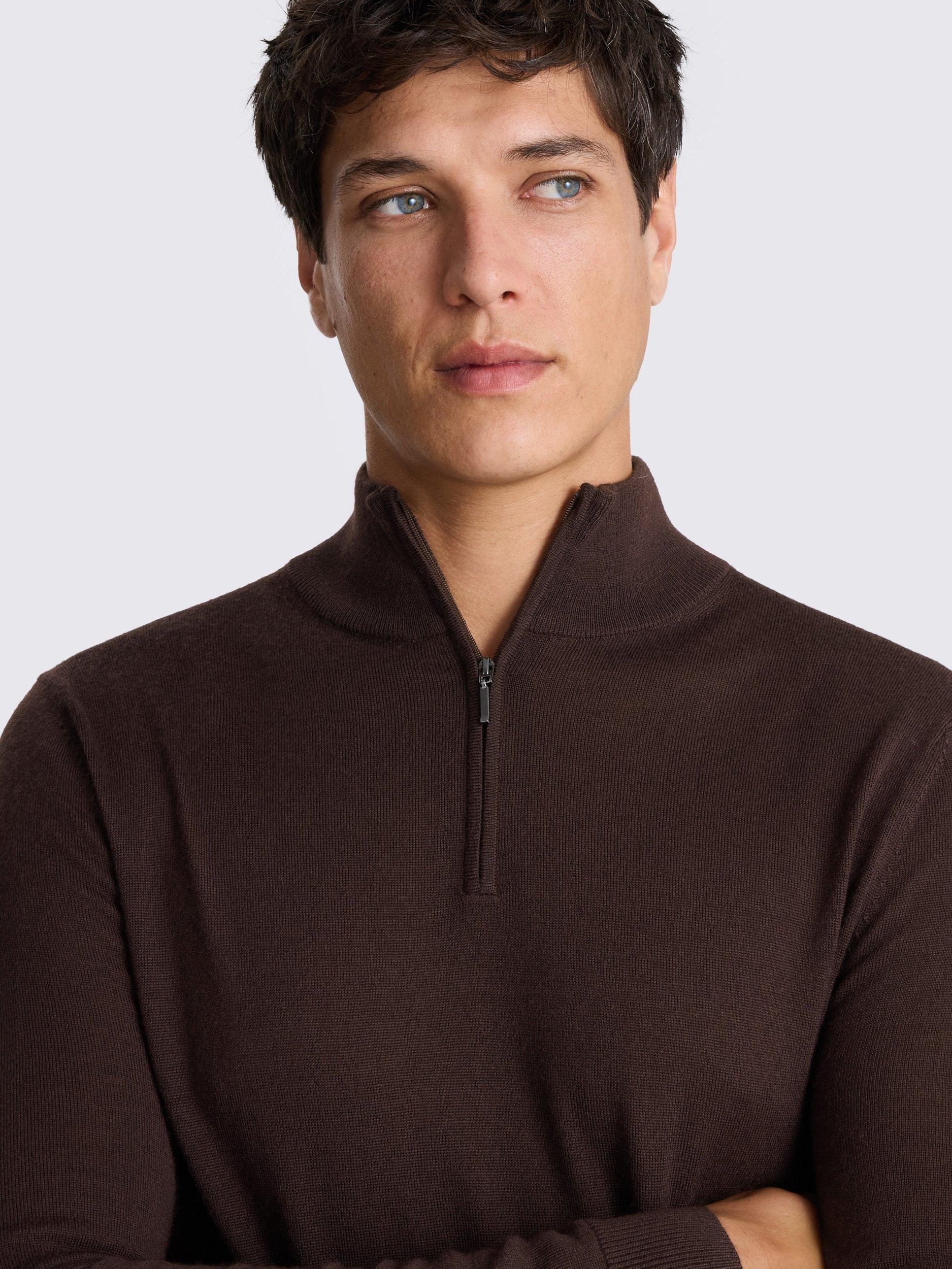 Product image 3 of 4, which shows Moss Merino Wool Blend Zip-Neck Jumper, Dark Plum, S