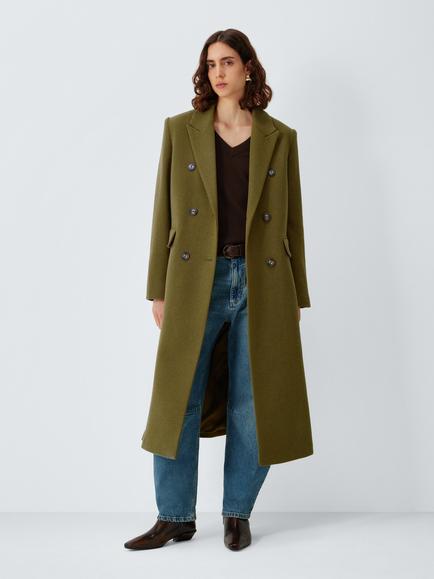 John Lewis Double Breasted Wool Blend Coat, Olive, Olive